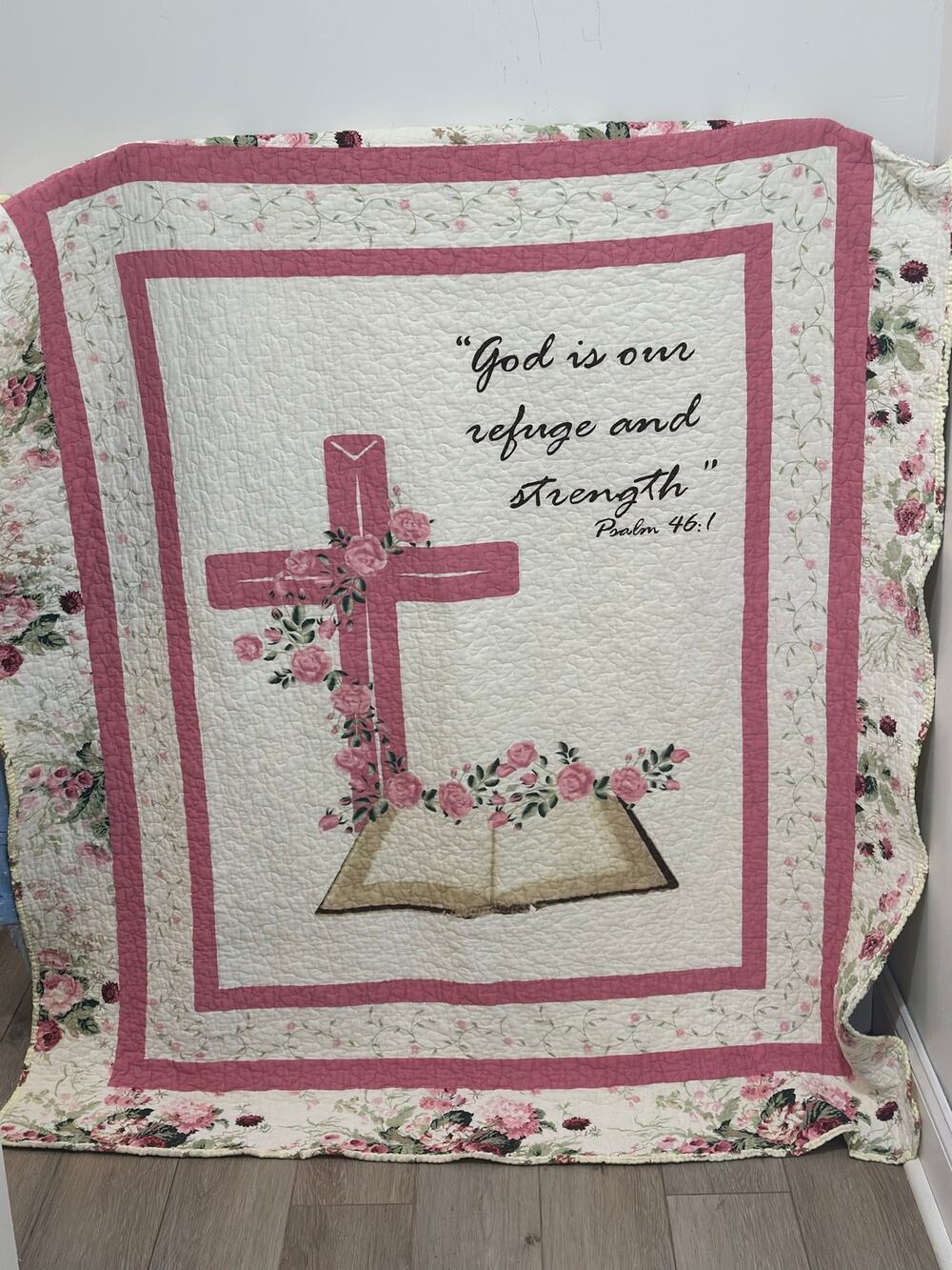 God Is Our Refuge Patchwork Quilted Throw Scripture Floral Cross Motif Pink